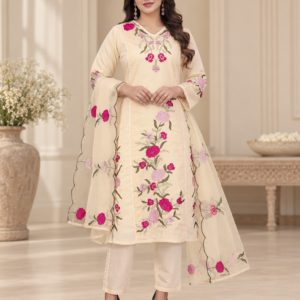 Cream Floral Embroidered 3 Piece Kurta Set - L
